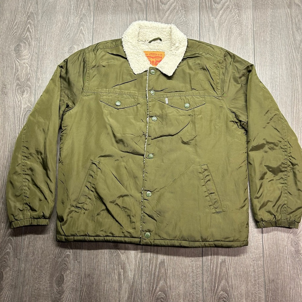 Levis Mens Olive Green Large Sherpa Lined Coaches Jacket 36031 Nylon Snap Front